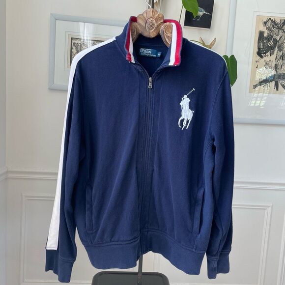 Vintage Polo Ralph Lauren Blue Pique Cotton Big Pony Full Zip Jacket XL Red Whit - Picture 2 of 10